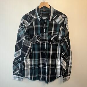 Vintage No Fear Men's Long Sleeve Plaid Print Button Shirt Blue Black Size Large